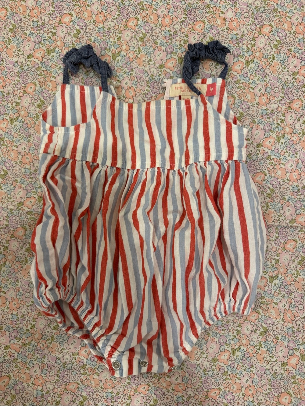 Pink Chicken Striped Red and Blue Baby Romper with Navy Tie Straps
